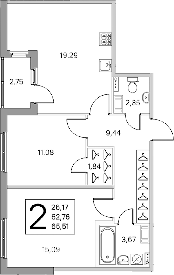 2-комнатная квартира 64.14 м², 2/4 эт., ЖК «Любоград в Стрельне»